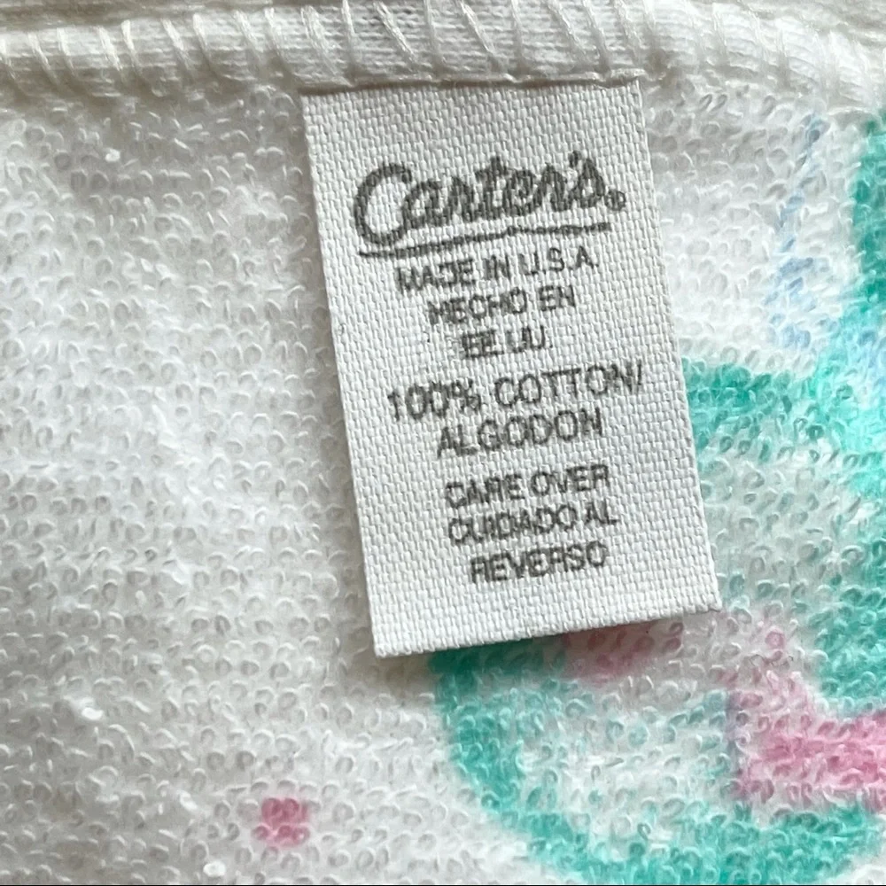 VTG Hooded Bath Towel, Made USA, white w/ Baby Rattles, Carter’s, Terrycloth